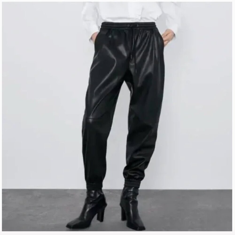 Zara black faux leather jogger trousers size Medium